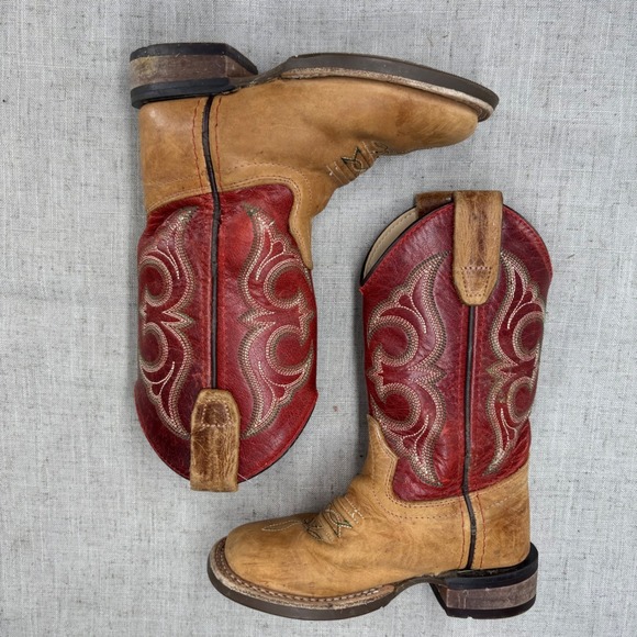 Old West Square Toe Cowboy Boots Red Brown Leather Pull On Kids Size 9 - Picture 10 of 11